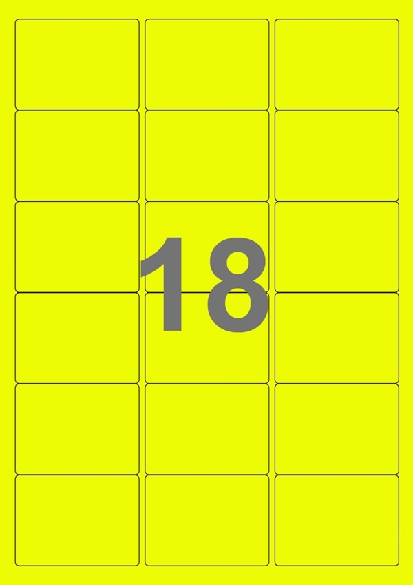 A4-etiketter, 18 stansade etiketter/ark, 63,5 x 46,6 mm, gul neon, 100 ark